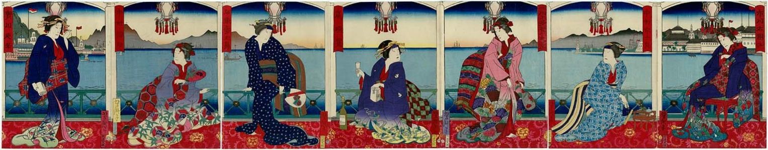 Japanese Print "Seven actors of the Matsushima Theater in female costume, in a Western-style building with a harbor view" by Utagawa Yoshitaki, 歌川芳滝 (Ichiyôsai Yoshitaki)