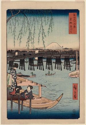 Utagawa Hiroshige: Ryôgoku Bridge in Edo (Tôto Ryôgoku), from the series Thirty-six Views of Mount Fuji (Fuji sanjûrokkei) - Museum of Fine Arts
