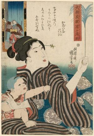 Utagawa Kuniyoshi: Matsunaga Daizen at Kinkakuji, from the series Grateful Thanks for Answered Prayers: Waterfall-striped Fabrics (Daigan jôju arigatakijima) - Museum of Fine Arts