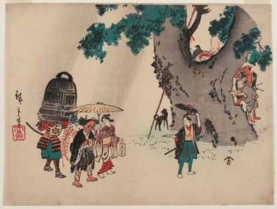 Estampe japonaise "Characters from Ôtsu-e Folk Paintings Taking Shelter from Rain" par Utagawa Hiroshige, 歌川広重 (Utagawa Hiroshige I)