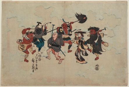 Utagawa Hiroshige: Characters from Ôtsu-e Folk Paintings Dancing the Bon-odori (Ôtsu-e no Bon-odori) - Museum of Fine Arts