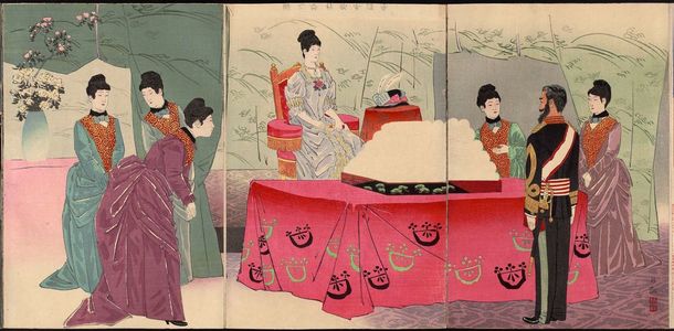 Kobayashi Kiyochika: Visit by the Empress to the General Staff Headquarters [to Present a Tray of Bandages] (Reiyô hôken no zu) - Museum of Fine Arts