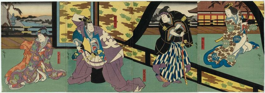 Utagawa Hirosada: Actors, from right: Mimasu Daigorô IV as Kajiwara's mother Enju, Nakamura Utaemon IV as Kajiwara Heiji, Jitsukawa Enzaburô I as Kajiwara Genta, and Nakayama Nanshi II as the lady-in-waiting (koshimoto) Chidori - Museum of Fine Arts