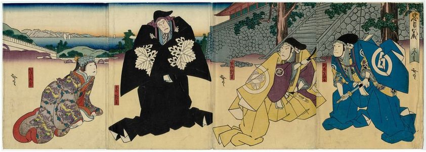 Utagawa Hirosada: Actors, from right: Jitsukawa Enzaburô I as Momonoi Wakasanosuke, Mimasu Daigorô IV as En'ya Hangan, Nakamura Utaemon IV as Kô no Moronao, and Yamashita Kinsaku IV as Kaoyo Gozen, in Act 1 of Chûshingura - Museum of Fine Arts