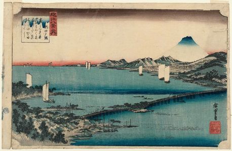 Japanese Print "Sunset Glow at Seta (Seta sekishô), from the series Eight Views of Ômi (Ômi hakkei no uchi)" by Utagawa Hiroshige, 歌川広重 (Utagawa Hiroshige I)