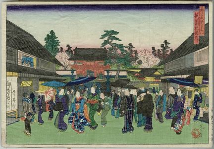 代長谷川貞信: West Gate of the Gion Shrine (Gion-sha saimon), from the series Famous Places in the Capital (Miyako meisho no uchi) - ボストン美術館