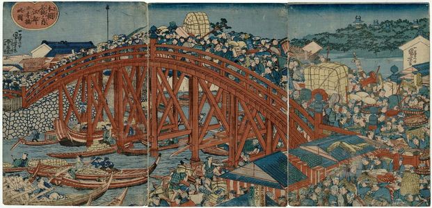 Utagawa Kuniyoshi: Sketch of Nihonbashi Bridge in Edo (Edo Nihonbashi ryakuzu), from the series (?) Famous Bridges of Japan (Honchô meikyô no uchi) - Museum of Fine Arts