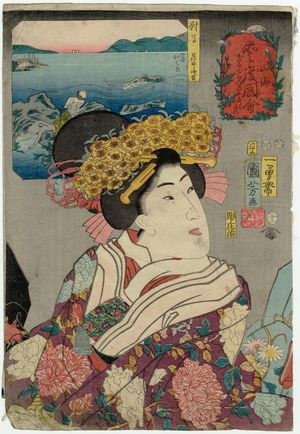 Utagawa Kuniyoshi: Desiring to View the Cherry Blossoms (Hana o goran asobashitai)/Konbu and Nori Seaweeds from Tsushima Province (Tsushima konbu nori), from the series Auspicious Desires on Land and Sea (Sankai medetai zue) - Museum of Fine Arts