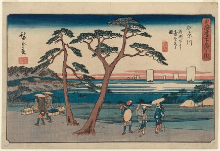 Utagawa Hiroshige: Kanagawa: View of the Bluff from Asamashita (Kanagawa Asamashita yori dai o miru zu), from the series The Fifty-three Stations of the Tôkaidô Road (Tôkaidô gojûsan tsugi no uchi), also known as the Gyôsho Tôkaidô - Museum of Fine Arts