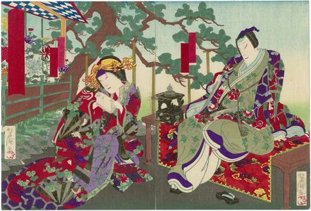 歌川芳滝: Actors Jitsukawa Enjaku I as Lord Tsunayoshi (R) and Nakamura Fukusuke III as Osame no Kata (L) in the Play Gokoku Fujo Taiheiki - ボストン美術館