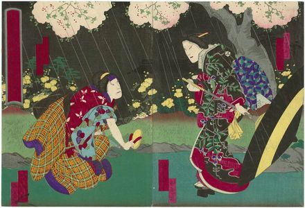 歌川芳滝: Portraits from the Play Kagamiyama (Kagamiyama sugata no utsushi-ga): Actors Jitsukawa Enjaku I as Tsubone Iwafuji (R) and Ichikawa Udanji I as the maid Hatsu (L) - ボストン美術館