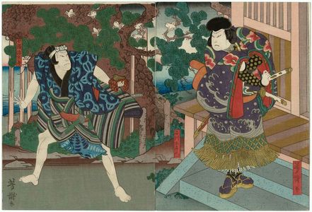 Utagawa Yoshitaki, 歌川芳滝 (Ichiyôsai Yoshitaki)による浮世絵「Actors Arashi Rikan III as Ishikawa Goemon (R) and Arashi Rikaku II as Kobuna Gengorô (L)」