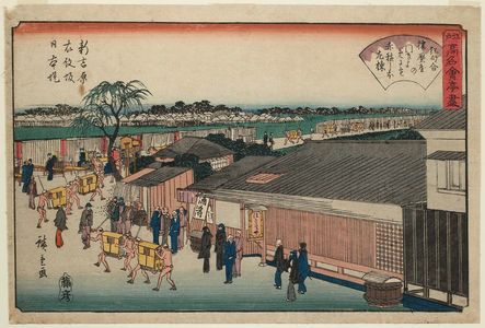 Utagawa Hiroshige: Nihon Embankment at Emonzaka in the New Yoshiwara: The Harimaya Restaurant (Shin Yoshiwara Emonzaka Nihon-zutsumi, Harimaya), from the series Famous Restaurants of Edo (Edo kômei kaitei zukushi) - Museum of Fine Arts