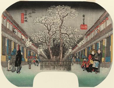 Japanese Print "Cherry Blossoms at Night in the Yoshiwara (Yoshiwara no yozakura), from the series Famous Places in Edo: Snow, Moon and Flowers (Kôto meisho, setsugekka no uchi)" by Utagawa Hiroshige, 歌川広重 (Utagawa Hiroshige I)