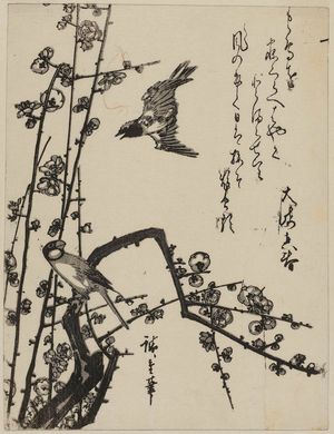 歌川広重: Cuckoo, Finch, and Plum Blossoms - ボストン美術館