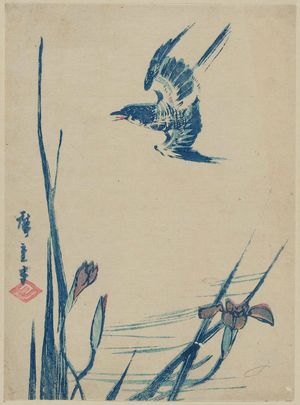 Japanischer Druck "Cuckoo Flying over Iris" von Utagawa Hiroshige, 歌川広重 (Utagawa Hiroshige I)