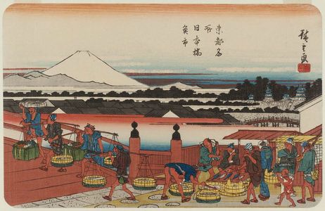 Utagawa Hiroshige: Fish Market at Nihonbashi Bridge (Nihonbashi uoichi), from the series Famous Places in the Eastern Capital (Tôto meisho) - Museum of Fine Arts