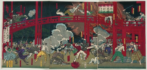 Tsukioka Yoshitoshi: The Burning of the Monju Hall at Tôeizan Temple on the 15th Day of the 5th Month, 1868 (Tôeizan Monjû-rô yakiuchi no zu Keiô boshin gogatsu jûgonichi) - Museum of Fine Arts