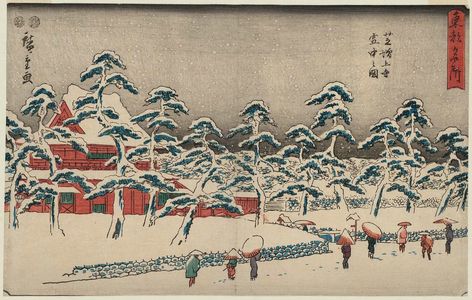 Utagawa Hiroshige, 歌川広重 (Utagawa Hiroshige I)による浮世絵「Zôjô-ji Temple at Shiba in Snow (Shiba Zôjô-ji setchû no zu), from the series Famous Places in the Eastern Capital (Tôto meisho)」