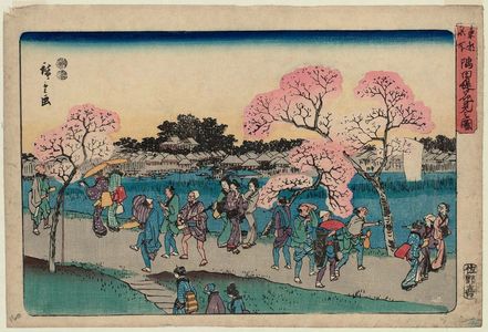 歌川広重: Cherry-blossom Viewing on the Sumida River Embankment (Sumida tsutsumi hanami no zu), from the series Famous Places in the Eastern Capital (Tôto meisho) - ボストン美術館