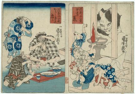 Utagawa Kuniyoshi: Rats Worshipping Daikoku at the Day and Hour of the Rat (Kinoene no nezumi) and Oxen Eating Very Spicy Food (Karashi-kiki no ushi), from the series Comical Twelve Signs of the Zodiac (Dôke jûnishi) - Museum of Fine Arts