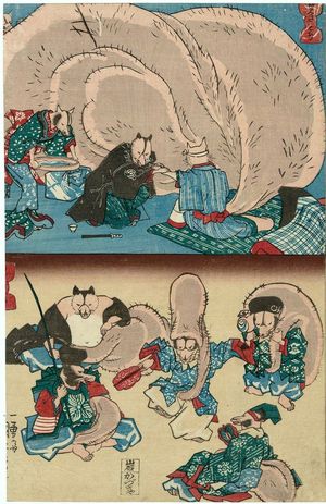Utagawa Kuniyoshi: A Sick Tanuki (Tanuki no senkimochi) (T) and Tanuki as the Seven Gods of Good Fortune (Tanuki no Shichifukuijin) (B), from an untitled series of Tanuki (Raccoon-dogs) - Museum of Fine Arts