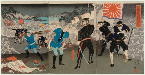 Ozaki Toshitane: Our Troops Occupy the Fortress at Mt. Ôgon in the Battle of Port Arthur (Wagahei Ryojunkô Ôgonzan hôrui senryô) - Museum of Fine Arts