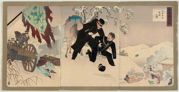 Unknown, 無款 (Artist Unknown, Japanese)による浮世絵「The Occupation of the Fortress at Niuzhuang: The Battle of Lieutenant Colonel Imada (Gyûsôjô senryô: Imada chûsa sentô no zu)」