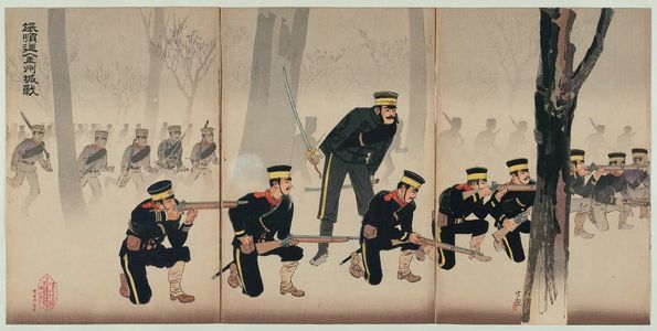 Japanischer Druck "Battle at Jinzhoucheng on the Road to Port Arthur (Ryojun michi Kinshûjô sen)" von Kobayashi Kiyochika, 小林清親 (Kobayashi Kiyochika)