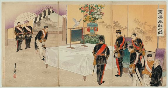 Ogata Gekko: Presenting an Auspicious Hawk to the Emperor (Reiyô hôken no zu) - Museum of Fine Arts
