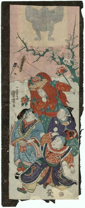 Utagawa Kuniyoshi, 歌川国芳 (Utagawa Kuniyoshi)创作的日本版画《Children Dancing and Flying Kites》