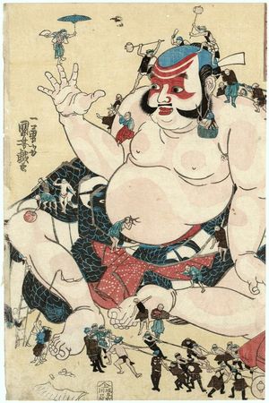 Utagawa Kuniyoshi, 歌川国芳 (Utagawa Kuniyoshi)创作的日本版画《Asahina Yoshihide Playing with the Little People (Asahina Yoshihide kobito asobi)》