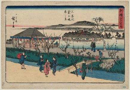 Utagawa Hiroshige, 歌川広重 (Utagawa Hiroshige I)による浮世絵「Spring View of the New Embankment at Shinobazu (Shinobazu ike shin dote haru no kei), from the series Famous Places in Edo, Newly Selected (Shinsen Edo meisho)」