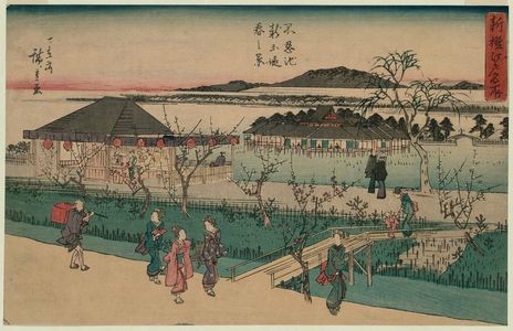 Japanese Print "Spring View of the New Embankment at Shinobazu (Shinobazu ike shin dote haru no kei), from the series Famous Places in Edo, Newly Selected (Shinsen Edo meisho)" by Utagawa Hiroshige, 歌川広重 (Utagawa Hiroshige I)