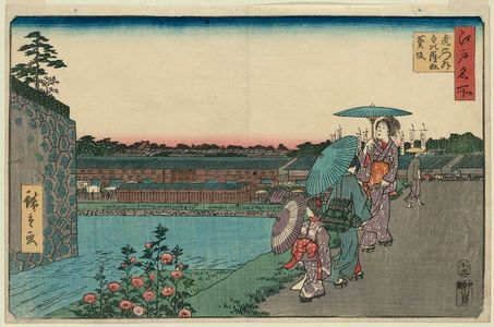 Utagawa Hiroshige: Outside Toranomon: Konpira Shrine and Hollyhock Hill (Toranomon soto, Konpira-sha, Aoizaka), from the series Famous Places in Edo (Edo meisho) - Museum of Fine Arts