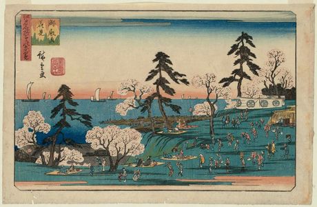 Utagawa Hiroshige: Cherry-blossom Viewing at Goten-yama (Goten-yama hanami), from the series Three Views of Famous Places in Edo (Edo meisho mittsu no nagame) - Museum of Fine Arts