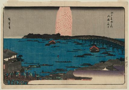 歌川広重: Fireworks at Ryôgoku Bridge (Ryôgoku hanabi), from the series Famous Places in Edo (Edo meisho no uchi) - ボストン美術館