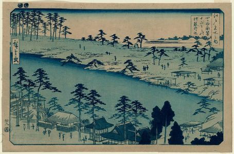 Japanese Print "The Kumano Shrine and the Pond of the Twelve Shrines at Tsunohazu in Yotsuya (Yotsuya Tsunohazu Jûnisô ike Kumano yashiro), from the series Famous Places in Edo (Edo meisho no uchi)" by Utagawa Hiroshige, 歌川広重 (Utagawa Hiroshige I)