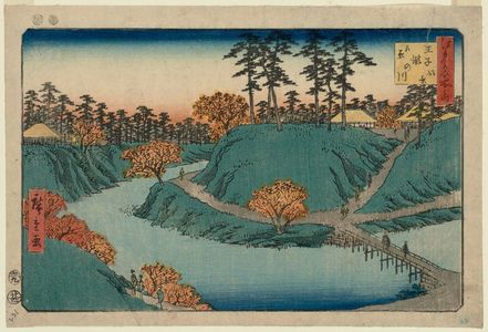 歌川広重: Scene of Maple Leaves at Waterfall River in Ôji (Ôji Takinogawa kôyô no fûkei), from the series Famous Places in Edo (Edo meisho no uchi) - ボストン美術館
