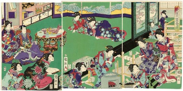 Utagawa Kuniteru: Silkworm Cultivation for Genji and Murasaki (Murasaki Genji kaiko yashinai no michi) - Museum of Fine Arts