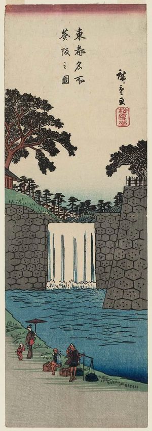 日本版画 "View of Hollyhock Hill (Aoizaka no zu), from the series Famous Places in the Eastern Capital (Tôto meisho)" 由 Utagawa Hiroshige, 歌川広重 (Utagawa Hiroshige I) 创作