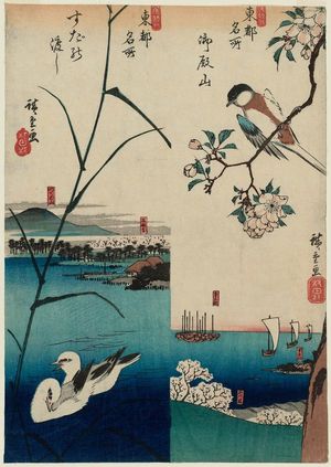 Utagawa Hiroshige, 歌川広重 (Utagawa Hiroshige I)による浮世絵「Goten-yama [right] and Suda Ferry (Suda no watashi) [left], from the series Famous Views of the Eastern Capital in a Fashionable New Form (Fûryû shinkei Tôto meisho)」