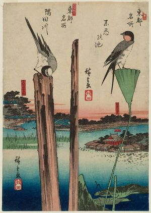 Utagawa Hiroshige: Shinobazu Pond (Shinobazu no ike) [right] and the Sumida River (Sumidagawa) [left], from the series Famous Views of the Eastern Capital in a Fashionable New Form (Fûryû shinkei Tôto meisho) - Museum of Fine Arts
