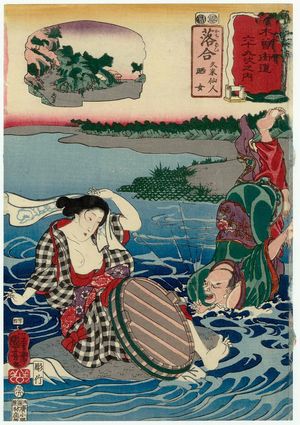 歌川国芳: Ochiai: Kume Sennin and the Washerwoman, from the series Sixty-nine Stations of the Kisokaidô Road (Kisokaidô rokujûkyû tsugi no uchi) - ボストン美術館