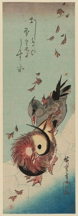 歌川広重: Mandarin Ducks and Falling Leaves on Ice - ボストン美術館