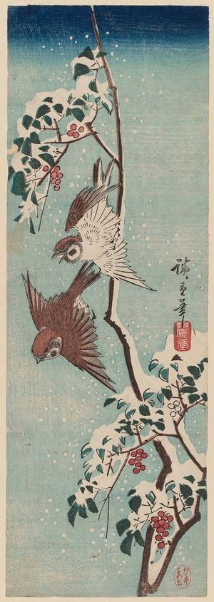 歌川広重: Sparrows and Snow-covered Nandina - ボストン美術館