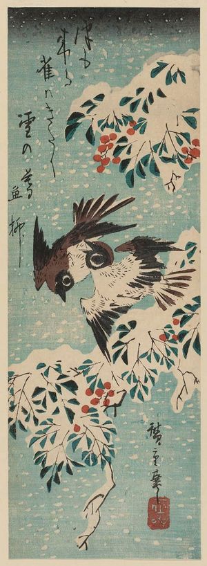 Utagawa Hiroshige: Sparrows and Nandina in Snow - Museum of Fine Arts