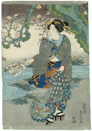 Utagawa Sadatora: Woman under Flowering Tree - ボストン美術館