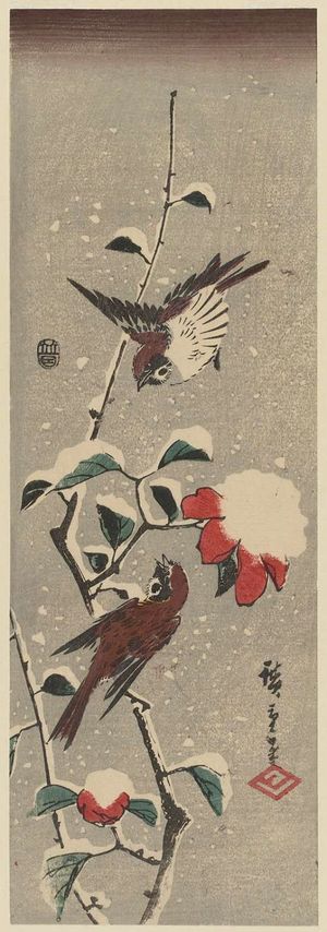 歌川広重: Camellia and Sparrows in Snow - ボストン美術館