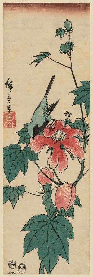 日本版画 "Bluebird and Hibiscus" 由 Utagawa Hiroshige, 歌川広重 (Utagawa Hiroshige I) 创作